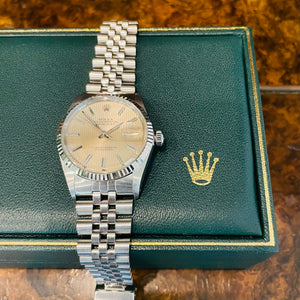 Rare Rolex Datejust 16014 Tapestry Dial 18k White Gold Bezel with Box 1987