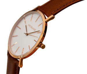 Minimal gold wrist watch with brown leather strap for men