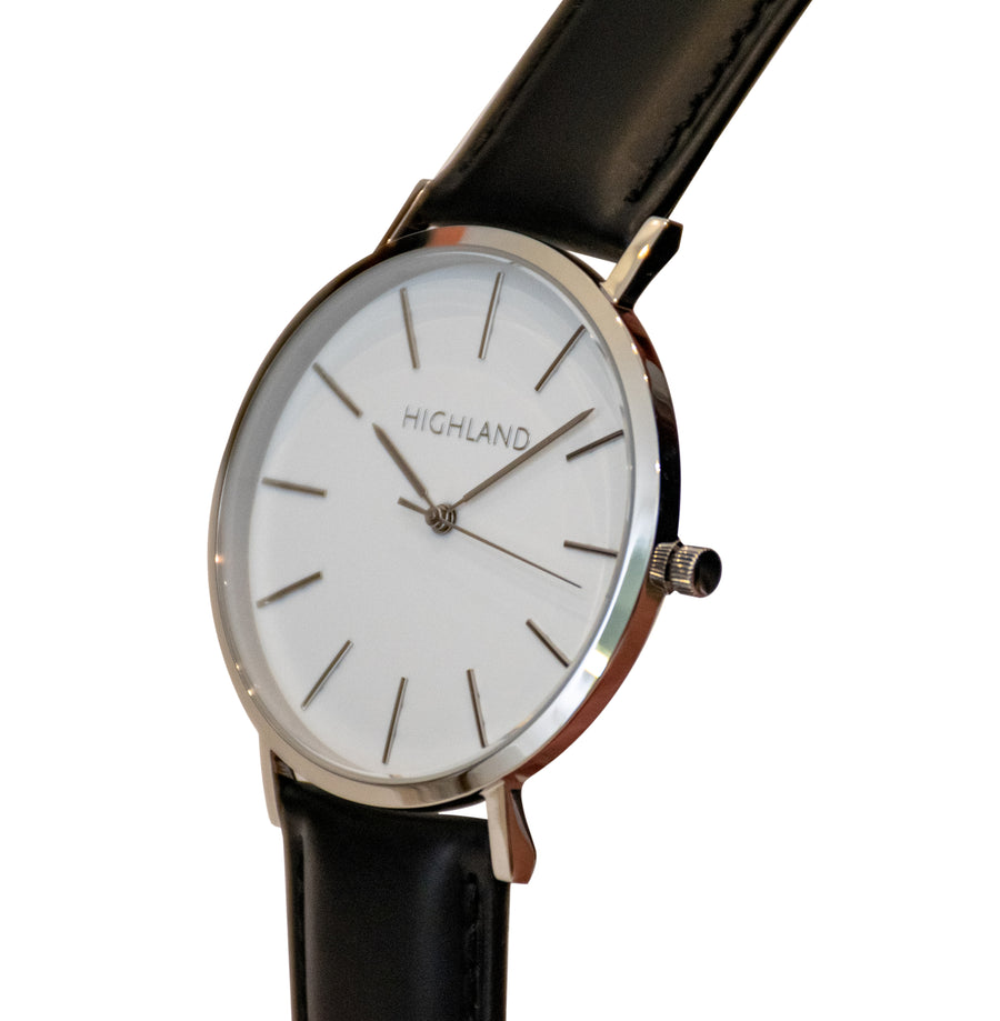 Minimal stainless steel silver wrist watch with black leather strap for men