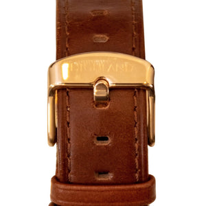 Minimal gold wrist watch with brown leather strap for men