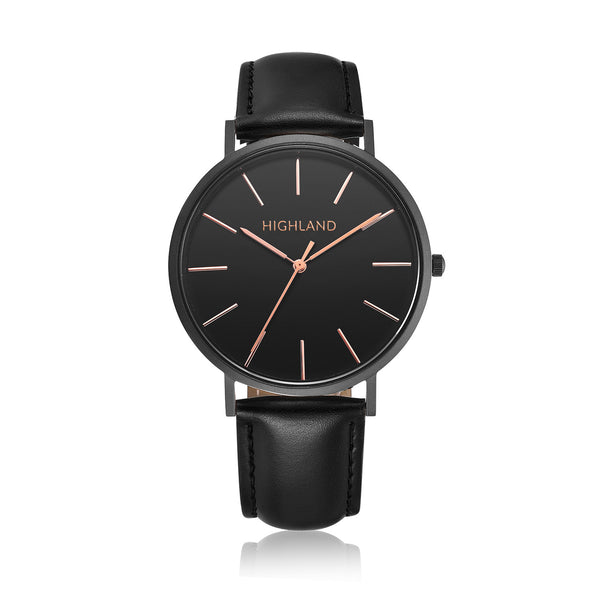 Minimal black wrist watch with black leather strap for men