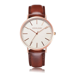 Minimal gold wrist watch with brown leather strap for men