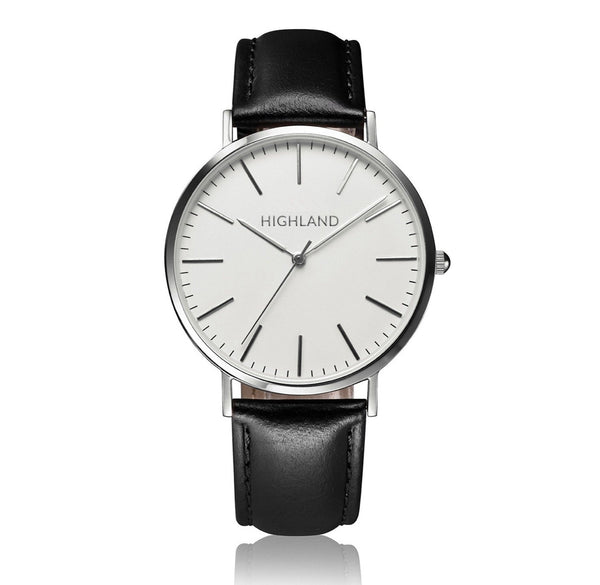 Minimal stainless steel silver wrist watch with black leather strap for men